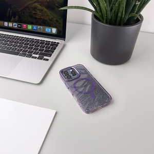 Spīdīgs magnētiskais viedtālruņa apvalks iPhone 16 Pro - violets ar spīdumiem
