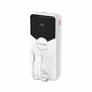 Wozinsky WFC-15W 20000mAh 22.5W PD20W portatīvais lādētājs ar iebūvētiem Lightning un USB-C kabeļiem - balts