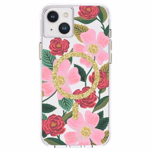 Rifle Paper Clear MagSafe vāciņš ierīcei iPhone 14 Plus, ar zelta krāsas rotājumu, ar “Rose Garden” rakstu