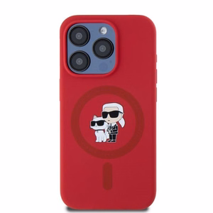 Karl Lagerfeld silikona Karl&Choupette galvu gredzens Magnētiskais viedtālruņa apvalks iPhone 15 Pro - Sarkans