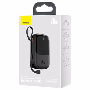 Powerbank Baseus Qpow PRO ar Lightning kabeli, USB-C portu un USB 20000mAh, 20W (melns)