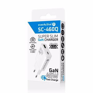 lādētājs GaN 1x USB-C, 1x USB Quick Charge 3.0 45W PD balts