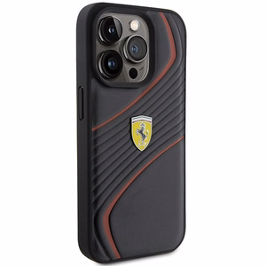 Ferrari Twist Metal Logo viedtālruņa apvalks iPhone 15 Pro - melns