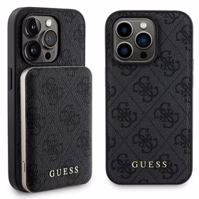 Guess 4G Metal Logo viedtālruņa apvalks komplekts iPhone 14 Pro + 5000mAh Magnētiskā portatīvais lādētājs - melna