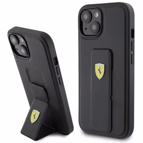 Ferrari Grip Stand Metal Logo apvalks iPhone 15 – melns
