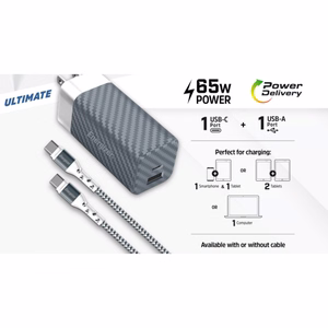 Energizer Ultimate A65MUC GaN ceļojumu sienas lādētājs ar EU / UK / US spraudņiem, USB-C + USB-A, 65 W PD, ar USB-C kabeli, melns