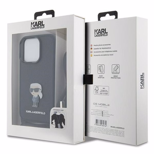 Karl Lagerfeld krustveida Saffiano monogramma metāla piespraude Karl & Choupette viedtālruņa apvalks iPhone 15 Pro - melns
