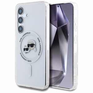 Viedtālruņa apvalks Karl Lagerfeld Button Karl & Choupette Heads Izdrukāts logotips MagSafe Samsung Galaxy S25 - balts