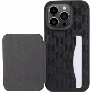 Karl Lagerfeld Saffiano karšu slotiņas un statīvs monogramma Ikonik plāksteris apvalks iPhone 15 Pro - melns