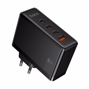 Hoco N85 100 W lādētājs ar trim USB-C pieslēgvietām un vienu USB-A pieslēgvietu, melns