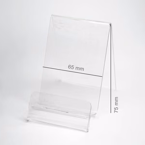 Plexi vertikālais turētājs / tālruņa statīvs ar vietu cenai (viedtālrunis - 65 mm)