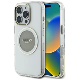 Guess IML Metal Colored Circle Classic Logo Magnētiskais viedtālruņa apvalks iPhone 16 Pro - pelēks