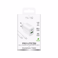 Puro PROLITE 25W USB-A / USB-C sienas lādētājs + USB-C - USB-C kabelis 1.2m - balts