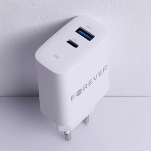 Forever TC-07-30AC PD QC lādētājs 1x USB-C 1x USB 30W balts + USB-C - USB-C kabelis 60W
