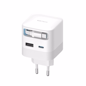 Cuktech AD653W 67W GaN 2x USB-C + USB-A Wall Charger with 70cm Retractable USB-C Cable - White