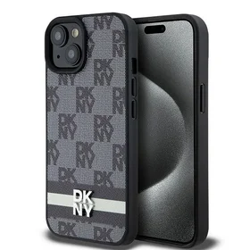 DKNY Ādas rūtainais mono raksts un drukātās svītras viedtālruņa apvalks iPhone 15/14/13 - melns