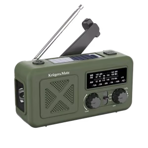 Kruger&Matz pārnēsājamais saules enerģijas avārijas radio ar SOS, 2000 mAh ārējo akumulatoru, lukturīti un dinamo