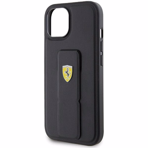 Ferrari Grip Stand Metal Logo apvalks iPhone 15 – melns