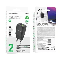 Borofone Sienas lādētājs BN14 Royal GaN - USB + Type C - QC 3.0 PD 30W ar Type C uz Lightning kabeli melns