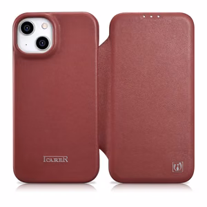 iCarer CE Premium ādas folio vāciņš iPhone 14 Plus ar MagSafe magnētisku flip vāciņu - sarkanā krāsā
