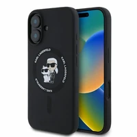Karl Lagerfeld silikona viedtālruņa apvalks Karl&Choupette Heads Ring Magnētiskais iPhone 16 - melns