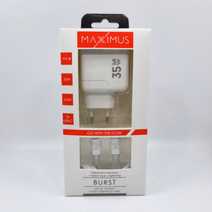 Sienas lādētājs MX BURST GaN PD 35W, 2xUSB-C + C/Lightning PD kabelis 20W balts