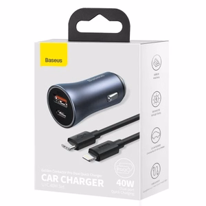 Car Charger Baseus "Golden Contactor" Grey 40W (1xPD / 1xQC3.0) + "Type-C / Lightning" 100cm cable