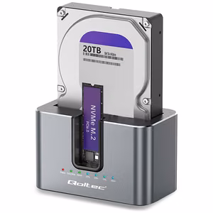 Qoltec 52631 HDD/SSD dokstacija, SATA, M.2 NVMe, klonēšana, USB-C, 10 Gb/s, līdz 28 TB