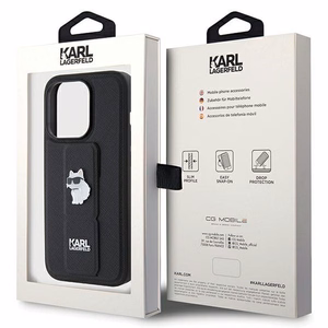 Karl Lagerfeld Gripstand Saffiano Choupette Pins viedtālruņa apvalks iPhone 14 Pro Max - melns