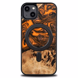 Koka un sveķu viedtālruņa apvalks iPhone 15 Plus Magnētiskais Bewood Unique Orange - oranža un melns