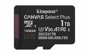 Kingston Technology 1TB microSDXC Canvas Select Plus Gen3 150MB/s A1 karte + adapteris
