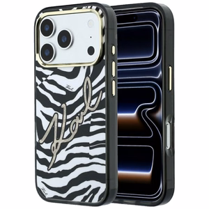Karl Lagerfeld IML Signature Zebra Glitter MagSafe maciņš modelim iPhone 17 Pro / 18 Pro – zelta krāsā
