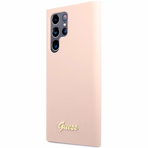 Guess GUHCS23LLSLMGPP S23 Ultra S918 rozā/rozā cietais apvalks Silikona Script Metal Logo