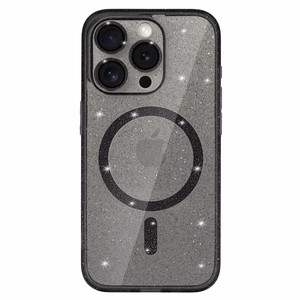 Glitter magnētiskais viedtālruņa apvalks Iphone 15 Pro melns caurspīdīgs