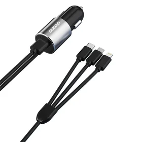 Dudao 3in1 USB automobiļu lādētājs ar iebūvētu kabeli Lightning / USB Type C / micro USB - melns (m)