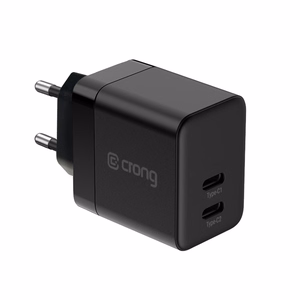 Crong Ultra Compact GaN sienas lādētājs, 2 × USB-C, 35 W, PD 3.0, PPS, melns