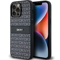DKNY Ādas mono svītra un metāla logotips viedtālruņa apvalks iPhone 14 Pro Max - melns