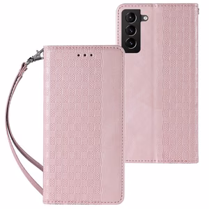 Magnētiskais apvalks Samsung Galaxy S22+ (S22 Plus) ar siksniņu, maku un mazā piekariņa - rozā
