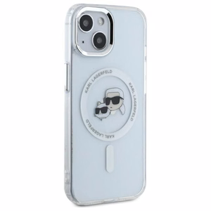 Karl Lagerfeld IML Metal Karl&Choupette galvas MagSafe iPhone 14 viedtālruņa apvalks – balts