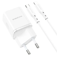 Borofone Sienas lādētājs BN7 - USB + Type C - QC 3.0 PD 20W ar Type C uz Lightning kabeli balts