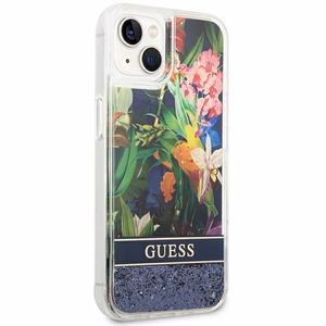 Guess GUHCP14SLFLSB iPhone 14 6.1 "zils cietais apvalks Flower Liquid Glitter
