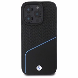 BMW Sign ādas tekstūras un līnijas magnētiskais viedtālruņa apvalks iPhone 16 Pro Max - melns