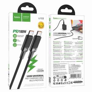 Hoco U153 Extreme USB-C–USB-C kabelis, PD, 5 A, 100 W, 1,2 m – melns