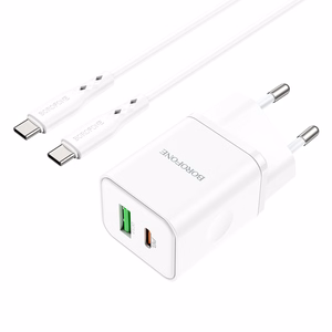 Borofone Sienas lādētājs BN7 - USB + Type C - QC 3.0 PD 20W ar Type C uz Type C kabeli balts