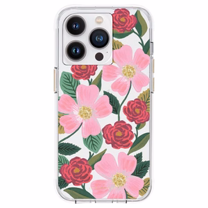 Rifle Paper Clear vāciņš ierīcei iPhone 14 Pro, ar zelta krāsas rotājumu, ar “Rose Garden” rakstu