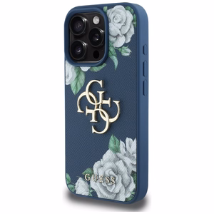 Guess Grained Roses Big 4G logo viedtālruņa apvalks iPhone 16 Pro Max - zils