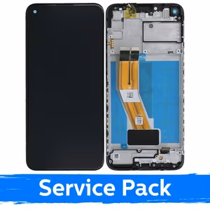 LCD Displejs Saderīgs ar Samsung A115 A11 Melns Ar Frame (Service Pack)