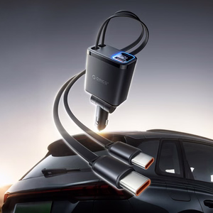 Orico Twin Reach 45W USB-A + USB-C auto lādētājs ar diviem izvelkamiem USB-C kabeļiem - melns