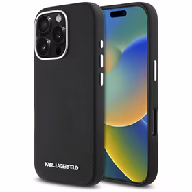 Karl Lagerfeld Saffiano pilnībā pārklāts iegarena metāla logotipa magnētiskais viedtālruņa apvalks iPhone 16 Pro - melns