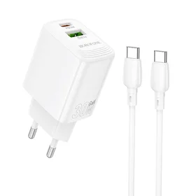 Borofone Lādētājs BN29 USB + Type C - QC 3.0 PD 30W ar Type C uz Type C kabeli balts